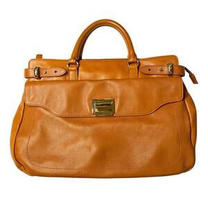 Talbots Tan Leather Satchel Style Handbag Top Handle Purse Gold Tone Hardware